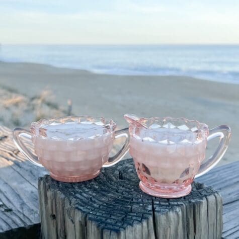 Antique Pink Cubist Depression Glass Creamer & Sugar Set