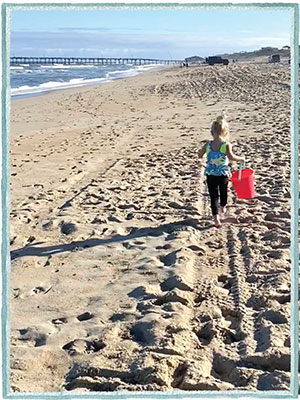 Arrow beachcombing in the sand on the Outer Banks with her sand bucket. 