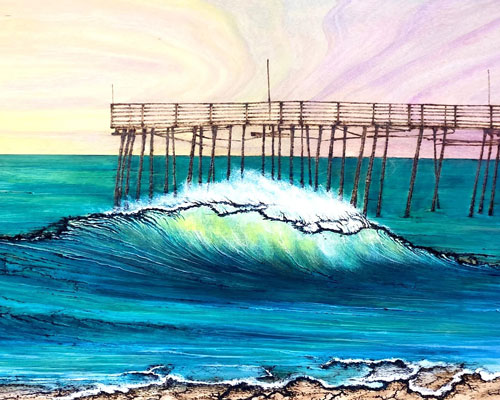 Noah Snyder wood-burning acrylic paint of Avalon Pier and wave