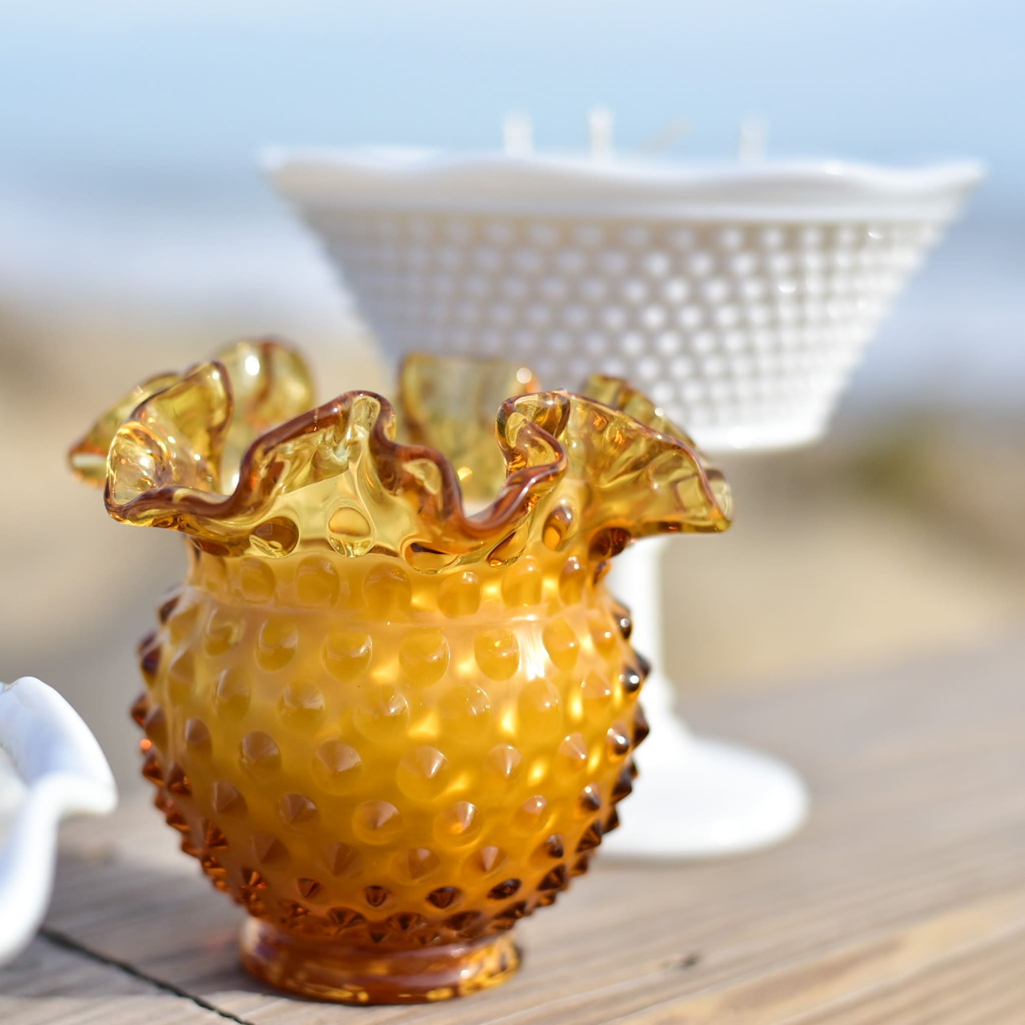 Antique Amber Hobnail Ruffled Dish - Image 2