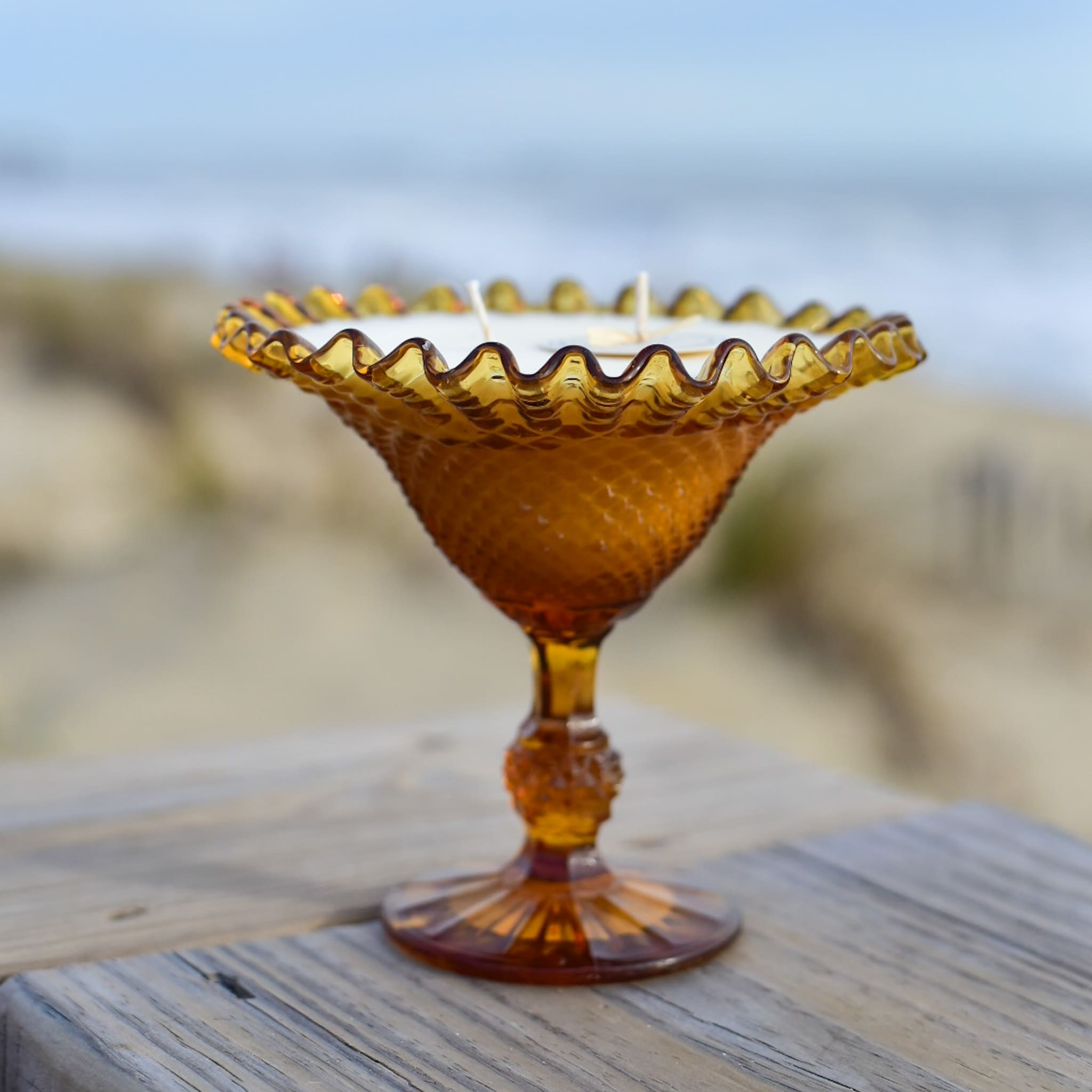 Antique Amber Footed Candy Dish w/Diamond Pattern