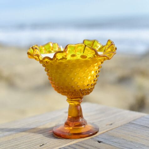 Antique Golden Amber Hobnail Footed Candy Dish
