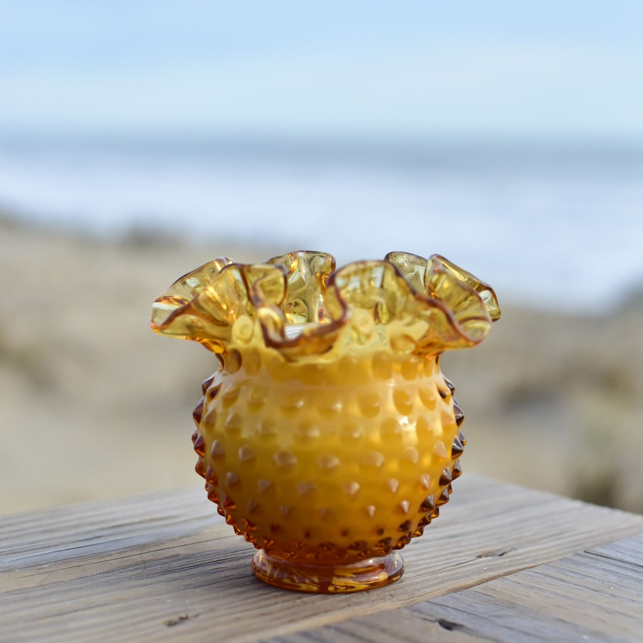 Antique Amber Hobnail Ruffled Dish