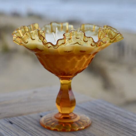 Lg Antique Amber Thumbprint Footed Candy Dish w/Ruffled Edge