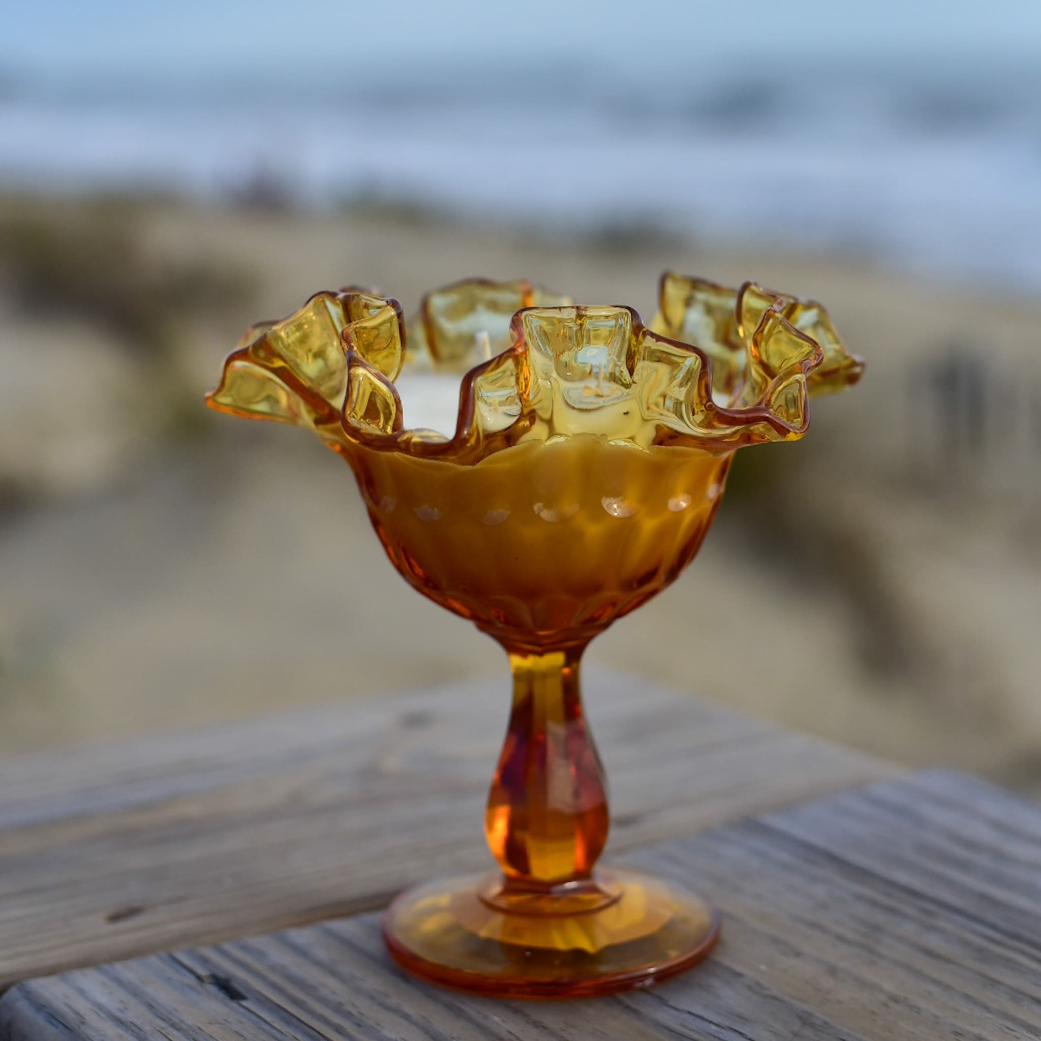 Antique Amber Thumbprint Footed Candy Dish w/Ruffled Edge