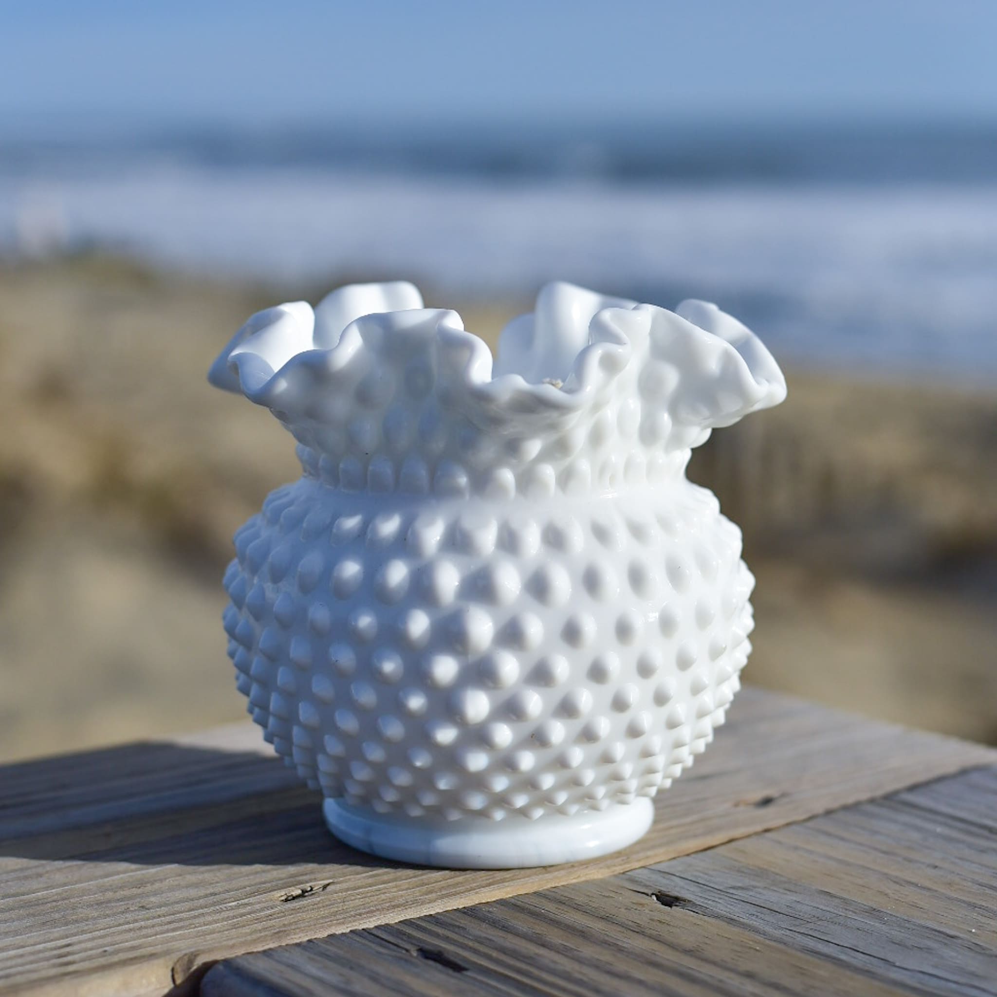 Antique Milk Glass Hobnail Ruffled Vase