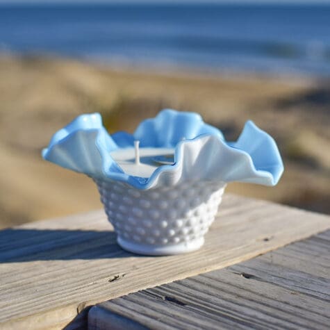 Antique Milk Glass & Blue Hobnail Ruffled Candy Dish